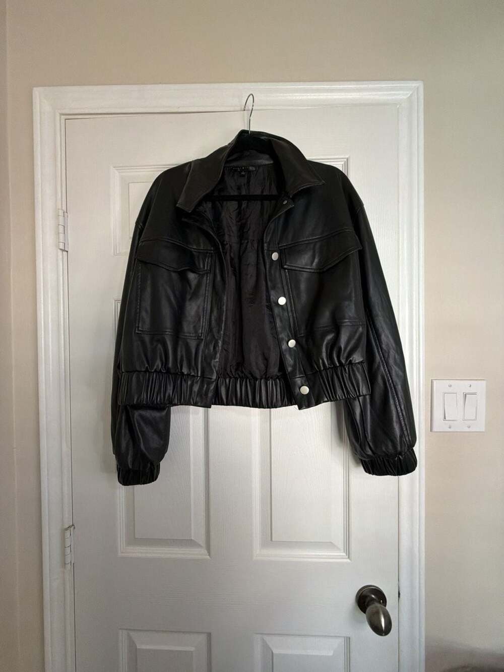 Blue Blush Cropped Faux Leather Bomber Jacket